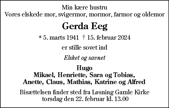 Dødsannonce for Gerda Eeg