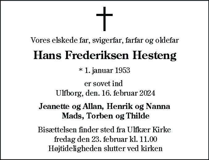 Dødsannonce for Hans Frederiksen Hesteng
