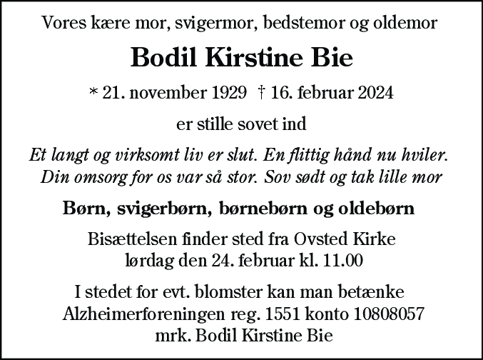 Dødsannonce for Bodil Kirstine Bie