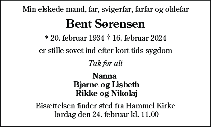 Dødsannonce for Bent Sørensen