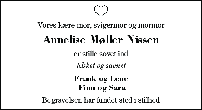 Dødsannonce for Annelise Møller Nissen
