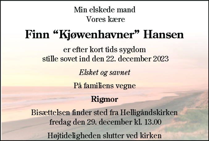 Dødsannonce for Finn “Kjøwenhavner” Hansen