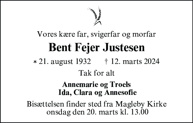 Dødsannonce for Bent Fejer Justesen