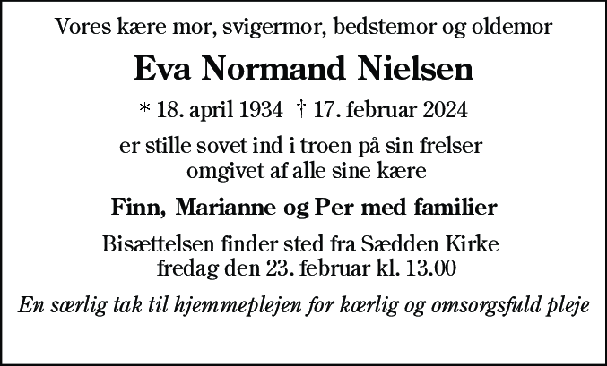 Dødsannonce for Eva Normand Nielsen
