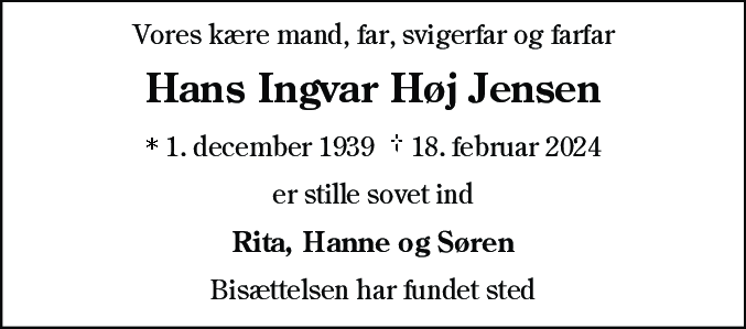 Dødsannonce for Hans Ingvar Høj Jensen