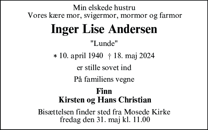 Dødsannonce for Inger Lise Andersen