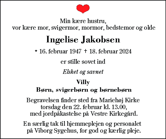 Dødsannonce for Ingelise Jakobsen