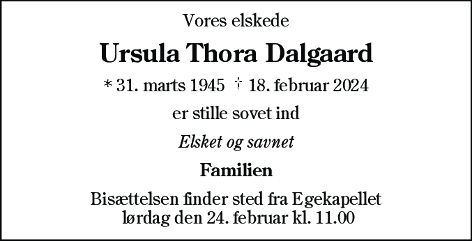 Dødsannonce for Ursula Thora Dalgaard