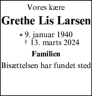 Dødsannonce for Grethe Lis Larsen