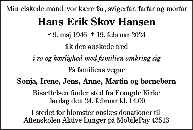 Dødsannonce for Hans Erik Skov Hansen