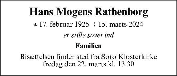 Dødsannonce for Hans Mogens Rathenborg