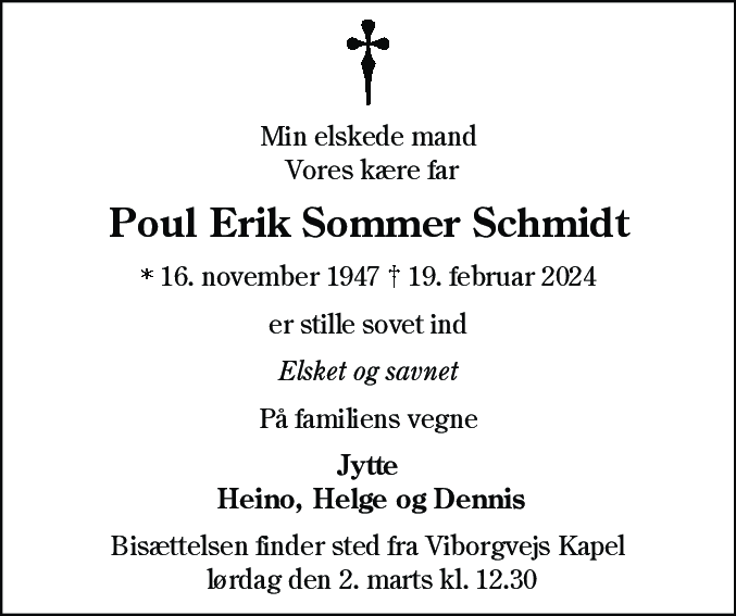 Dødsannonce for Poul Erik Sommer Schmidt