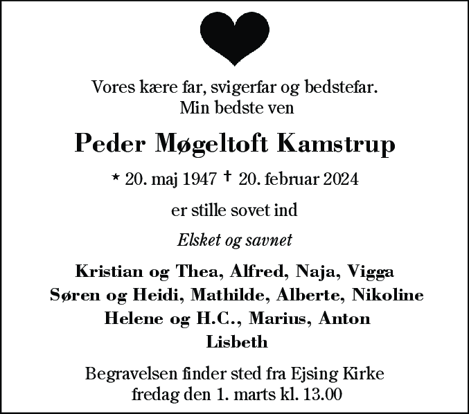 Dødsannonce for Peder Møgeltoft Kamstrup
