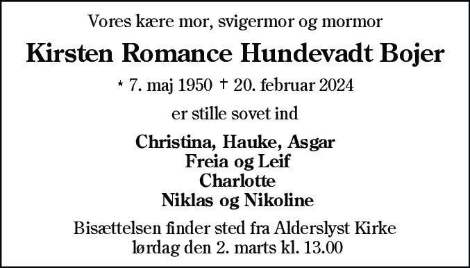 Dødsannonce for Kirsten Romance Hundevadt Bojer