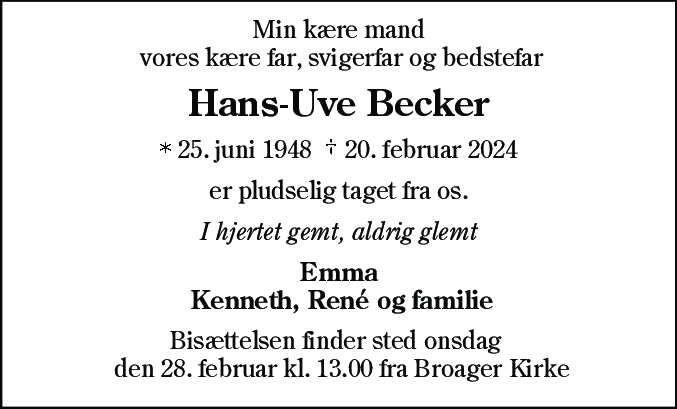 Dødsannonce for Hans-Uve Becker