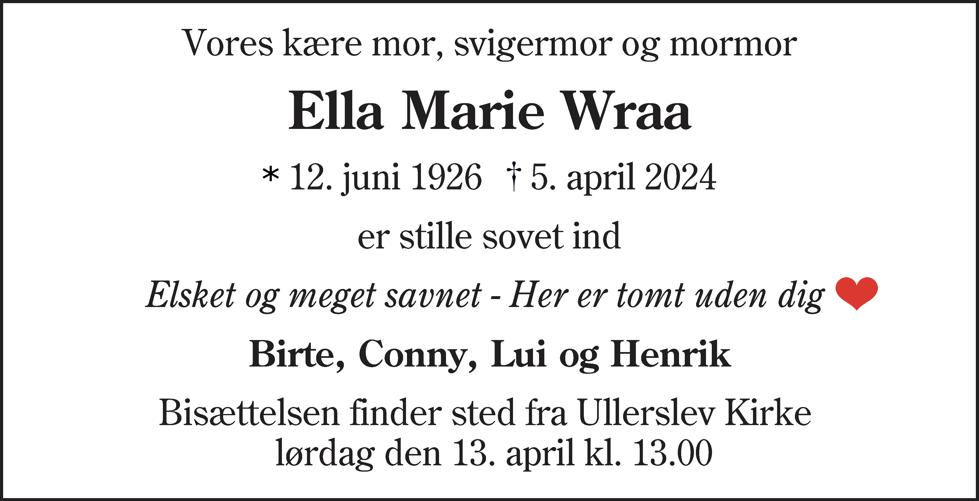 Dødsannonce for Ella Marie Wraa