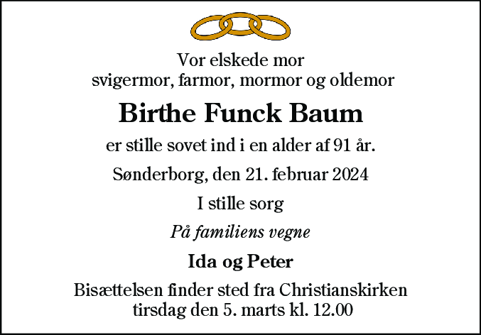 Dødsannonce for Birthe Funck Baum
