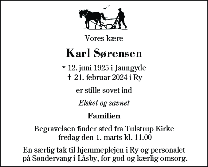 Dødsannonce for Karl Sørensen