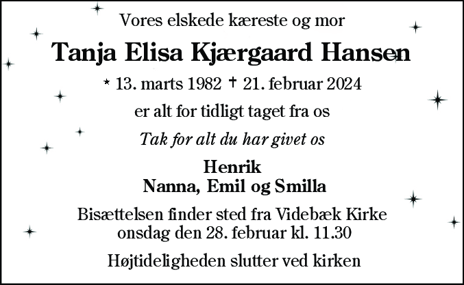 Dødsannonce for Tanja Elisa Kjærgaard Hansen