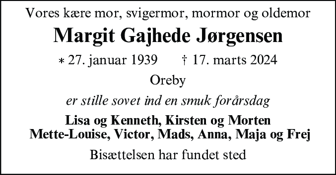 Dødsannonce for Margit Gajhede Jørgensen