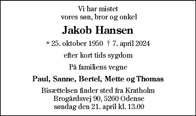 Dødsannonce for Jakob Hansen