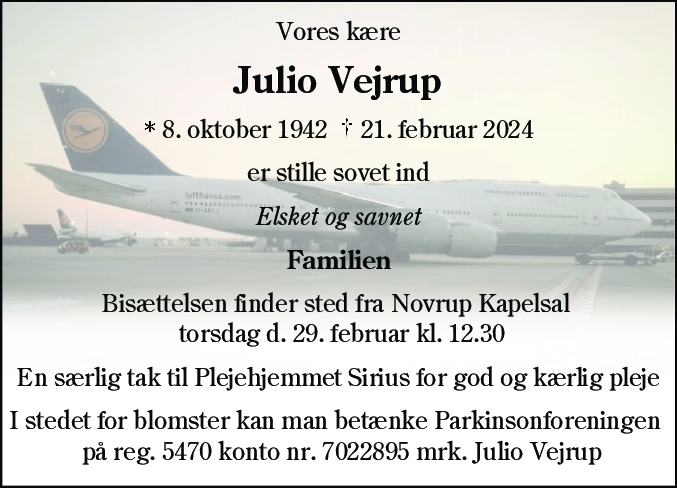 Dødsannonce for Julio Vejrup