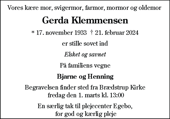 Dødsannonce for Gerda Grønlund Klemmensen