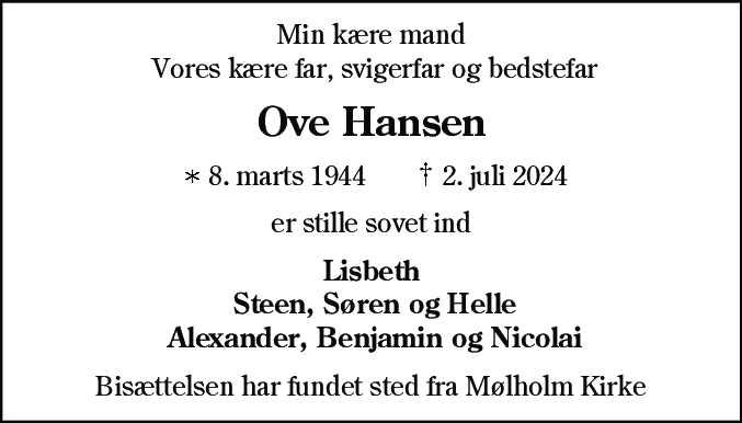 Dødsannonce for Ove Hansen
