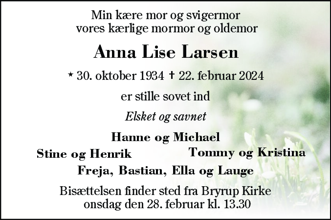 Dødsannonce for Annalise Larsen