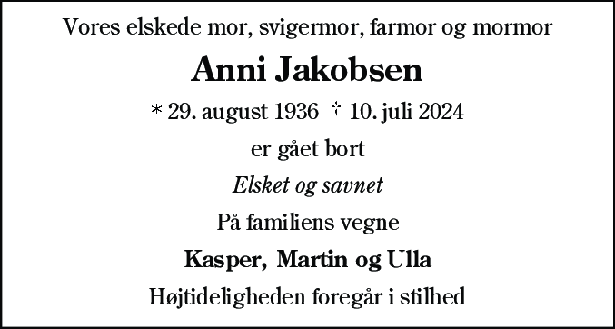 Dødsannonce for Grethe Anny Jakobsen