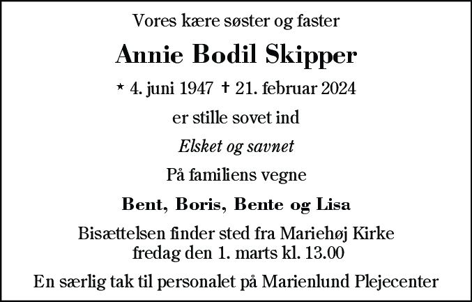 Dødsannonce for Annie Bodil Skipper