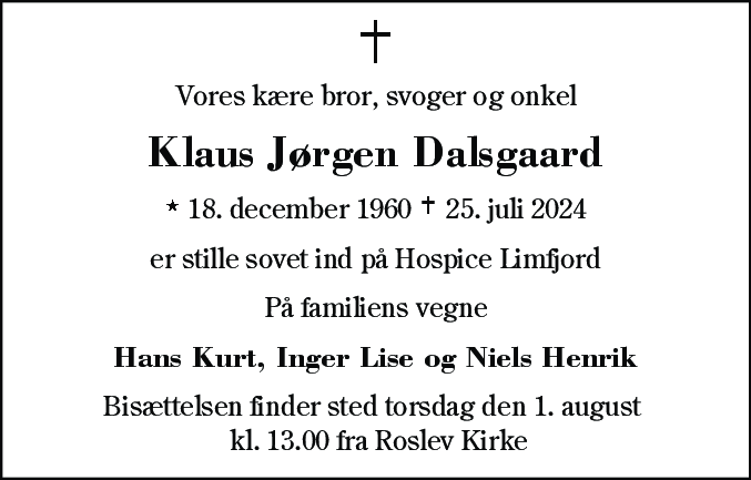 Dødsannonce for Klaus Jørgen Dalsgaard