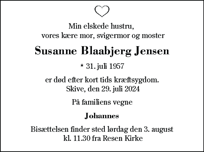 Dødsannonce for Susanne Blaabjerg Jensen