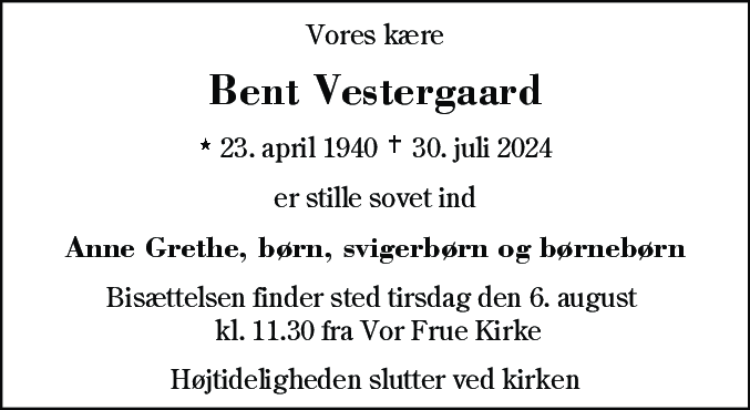 Dødsannonce for Bent Vestergaard