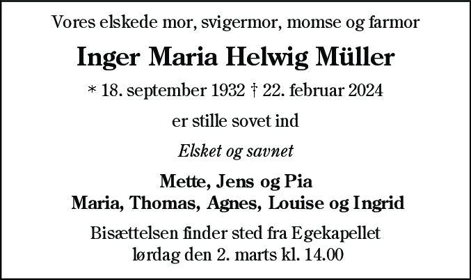 Dødsannonce for Inger Maria Helwig Müller