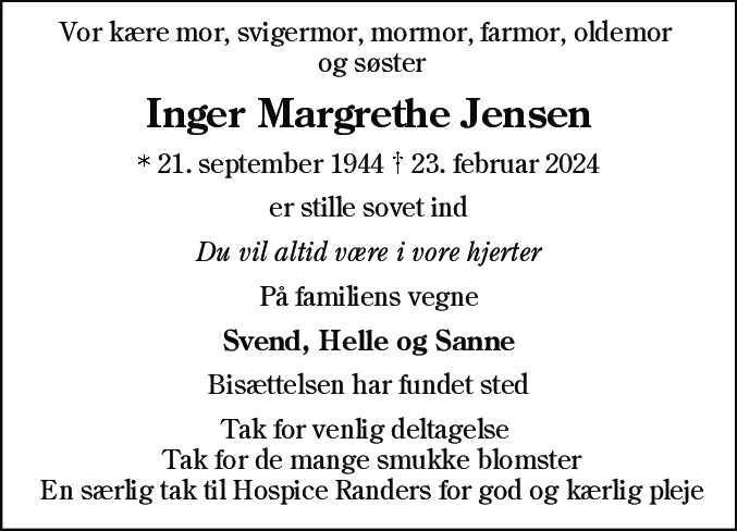 Dødsannonce for Inger Margrethe Jensen