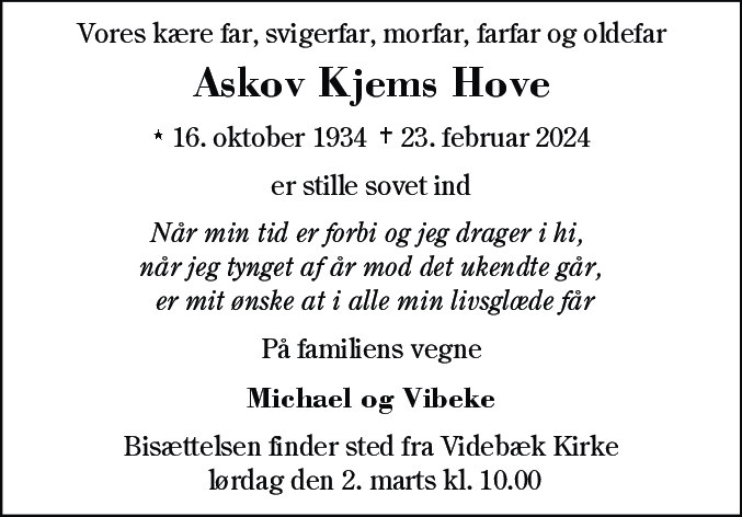 Dødsannonce for Askov Kjems Hove