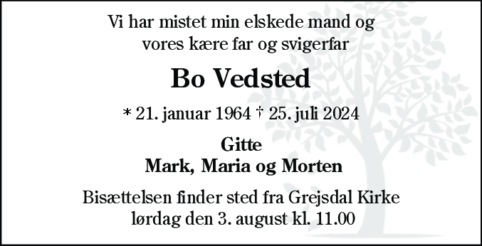 Dødsannonce for Bo Vedsted