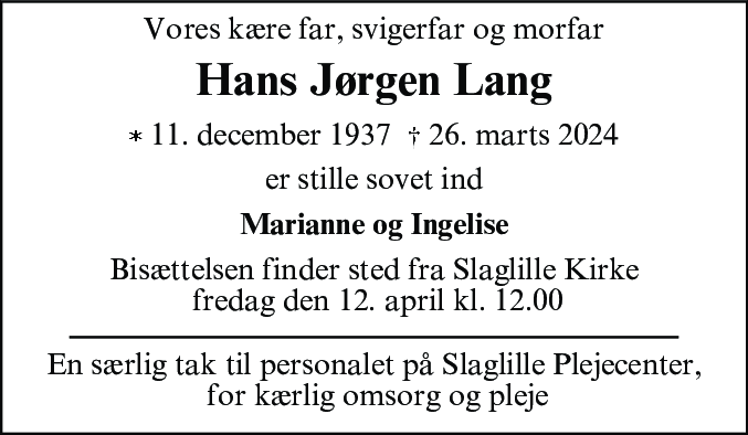 Dødsannonce for Hans Jørgen Lang