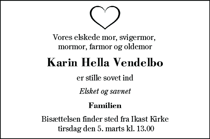 Dødsannonce for Karin Hella Vendelbo