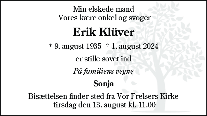Dødsannonce for Erik Klüver