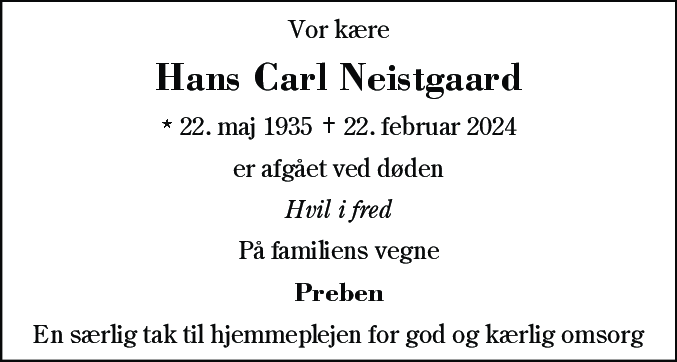 Dødsannonce for Hans Carl Neistgaard