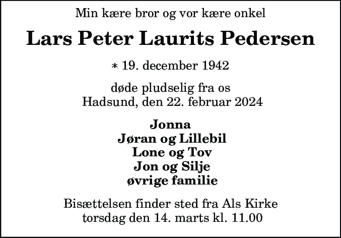 Dødsannonce for Lars Peter Laurits Pedersen
