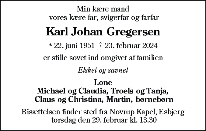 Dødsannonce for Karl Johan Gregersen