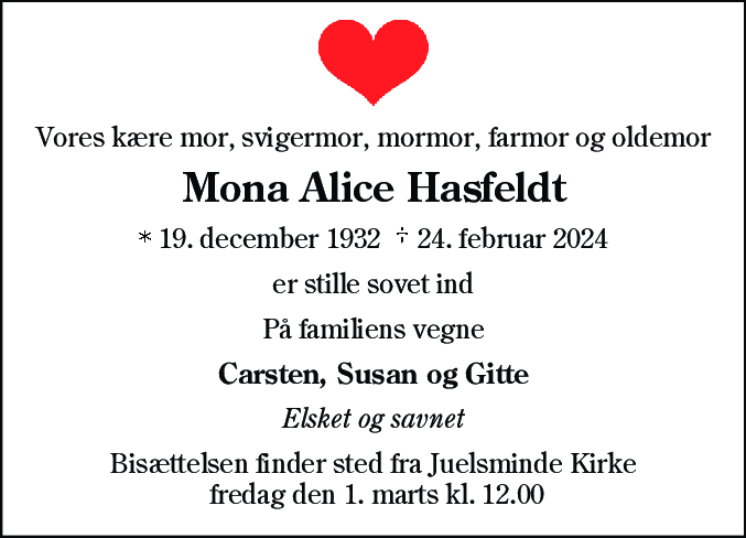 Dødsannonce for Mona Alice Hasfeldt