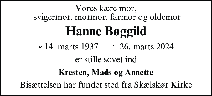 Dødsannonce for Hanne Bøggild