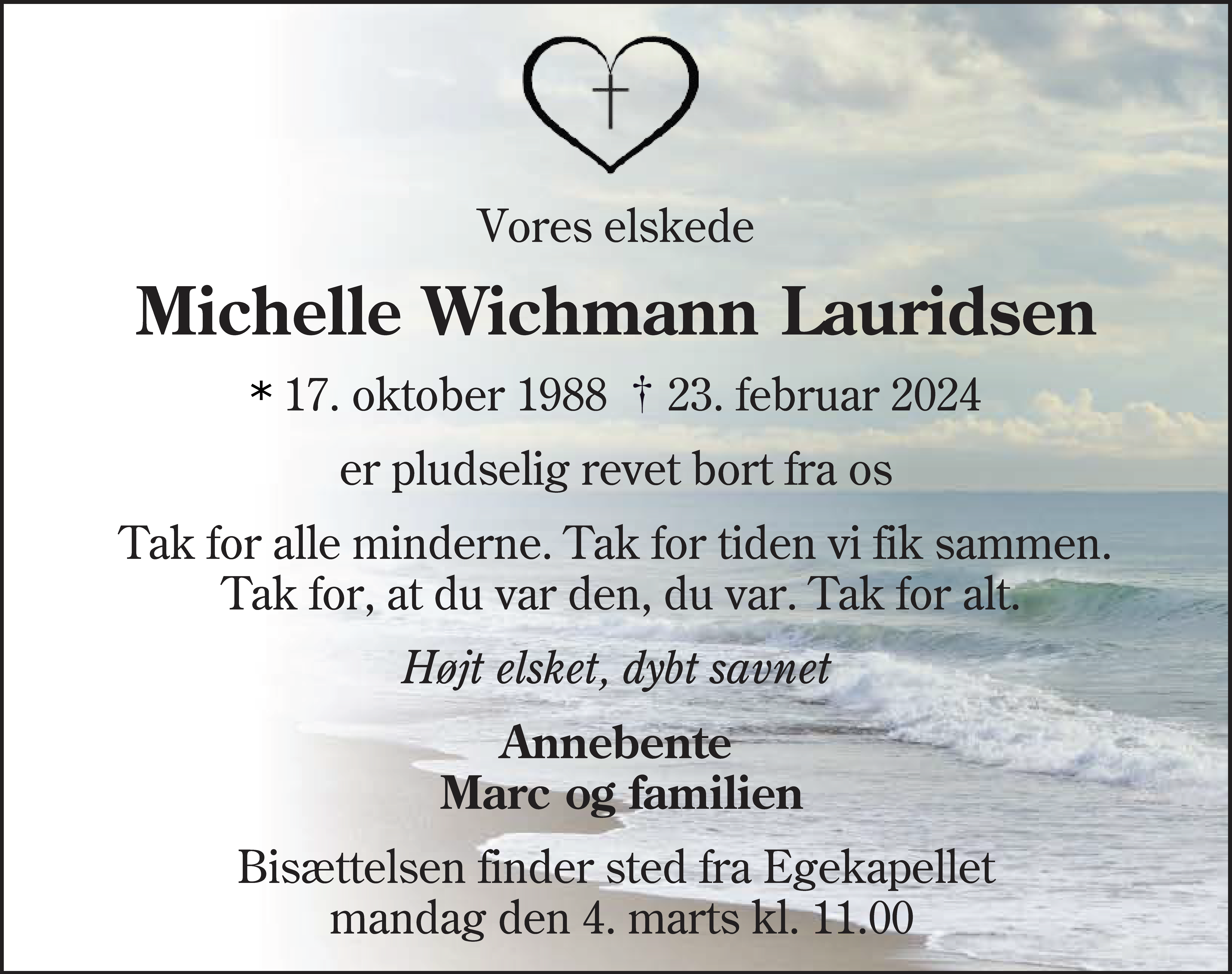 Dødsannonce for Michelle Wichmann Lauridsen