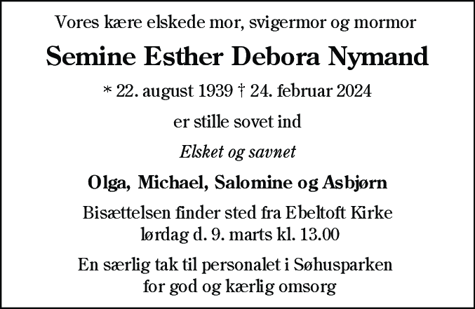 Dødsannonce for Semine Esther Debora Nymand