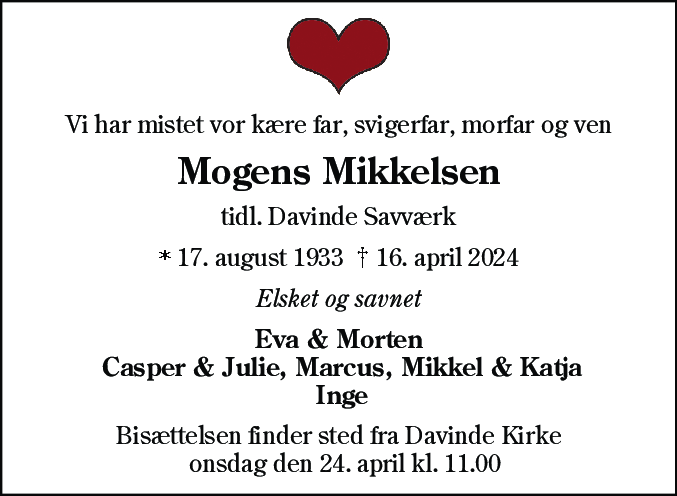 Dødsannonce for Mogens Mikkelsen