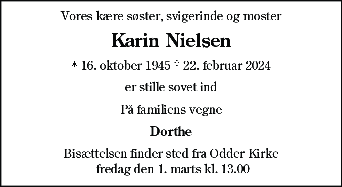 Dødsannonce for Karin Nielsen